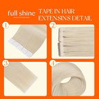 Full Shine Tape in Human Hair Extensions 18Inch Color 1000 White Blonde Invisible Tape in Hair Extensions Human Hair Soft Natural Skin Wef Injected Tape ins 20Pcs 50G for Vlogger Concert