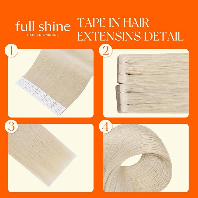 Full Shine Injected Tape in Extensions Color 1000 Blonde Invisible Tape in Hair Extensions Human Hair 20Inch 20Pcs 50Grams Real Human Hair Extensions Soft and Natural Add Length for Party Wedding