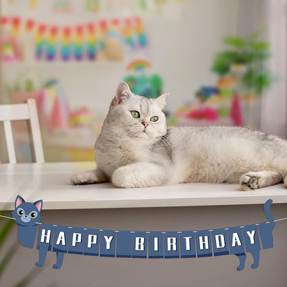 Cat Happy Birthday Banner Blue Cat Banner Bunting Flag Garland Birthday Party - Image 9