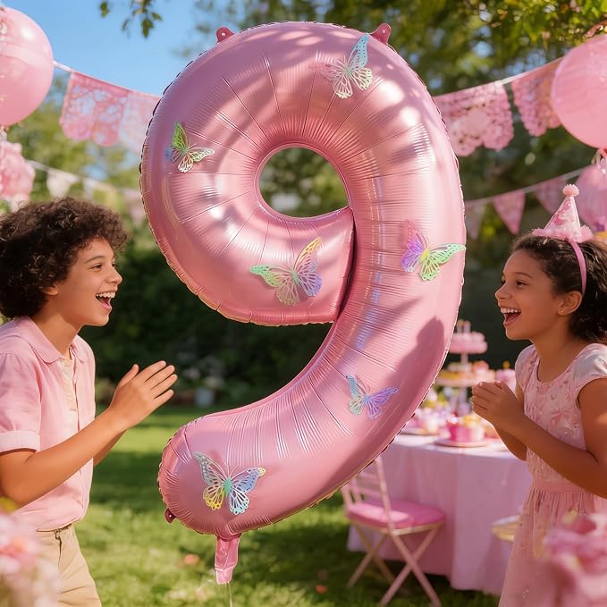 40 Inch Number Balloon Pink Large Mylar Foil Pink Number Balloons and Butterfly - Image 3