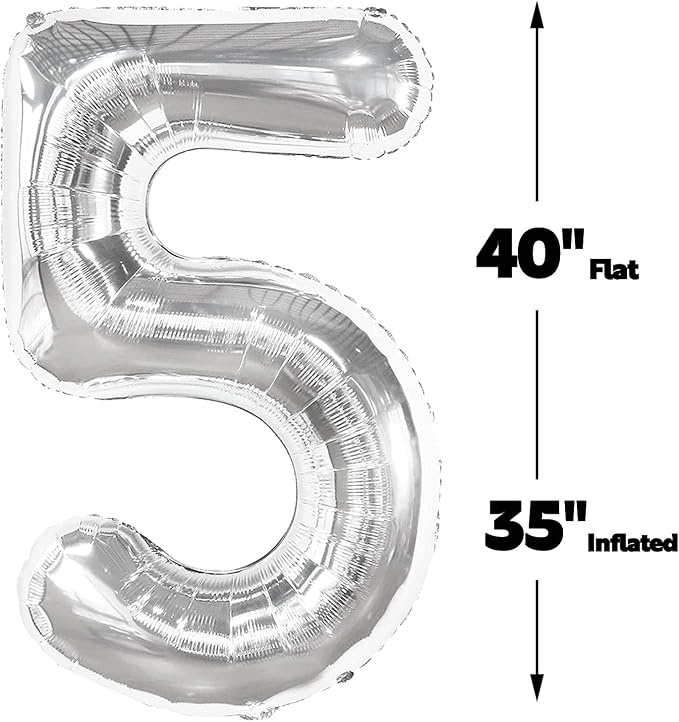 Silver Number 5 Balloon 40 inch, Balloon numbers party supplies, deco photo - Image 2