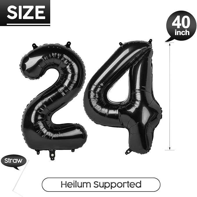 24 Balloon - Black Birthday Number Balloons, 40 Inch Decorations Men Women | - Image 5