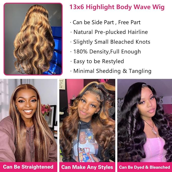 13x6 Body Wave Lace Front Wigs Human Hair Pre Plucked 180% Density 13x6 HD Lace 20 Inch P4/27 Honey Blonde Frontal Wigs Human Hair for Black Women Glueless Ombre Lace Front Wig Human Hair
