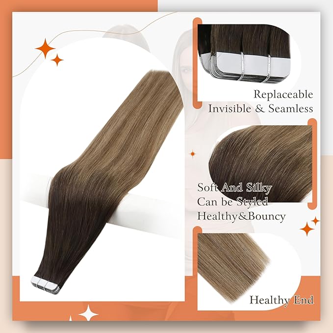 Full Shine Tape in Extensions Human Hair Balayage Tape in Hair Extensions Dark Brown to Chestnut Brown Highlighted Ash Blonde 20Inch Straight Hair Extensions Tape ins Natural Hair 20pcs 50G Add Length