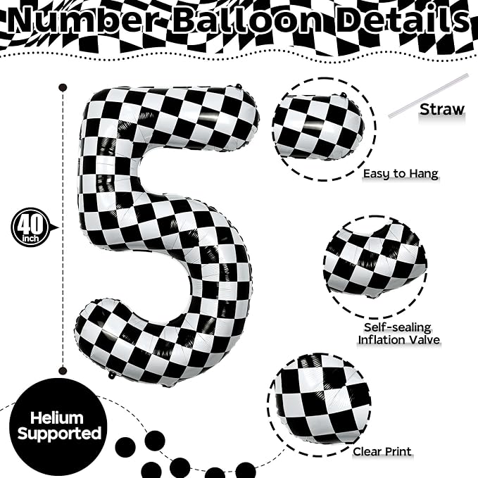 40 Inch Checkered 5 Number Balloons, Large Foil Self Inflating 5th Birthday - Image 2