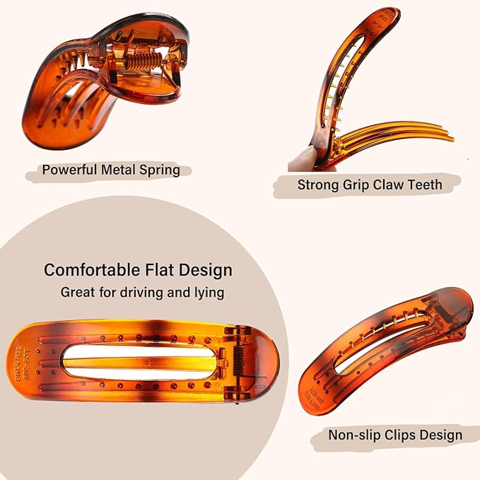 4 PCS Flat Claw Clips, Large Lay Flat Hair Clips for Women Girls, Strong Hold Non-slip Hair Claws for Thick Thin Hair (Tortoise)