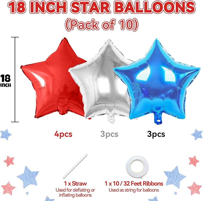 Red Blue Silver Star Foil Balloons, 18 Inch Red and Black Stars Balloons - Image 2