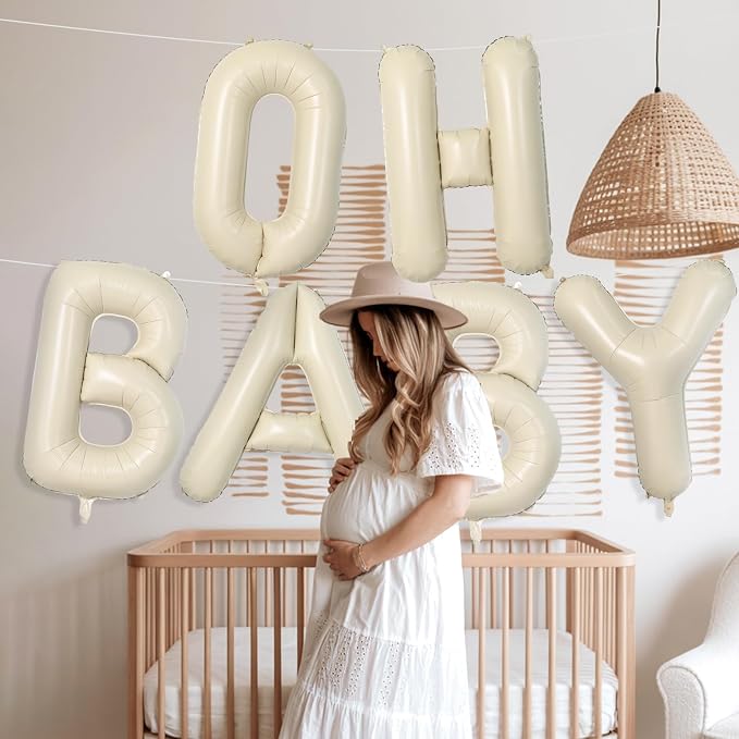 Cream OH BABY Balloons, 40 Inch Letter Oh Baby Balloon Banner Beige - Image 7
