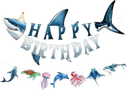 Shark Happy Birthday Banner Shark Garland Ocean Animals Party Decorations by Adecortalk