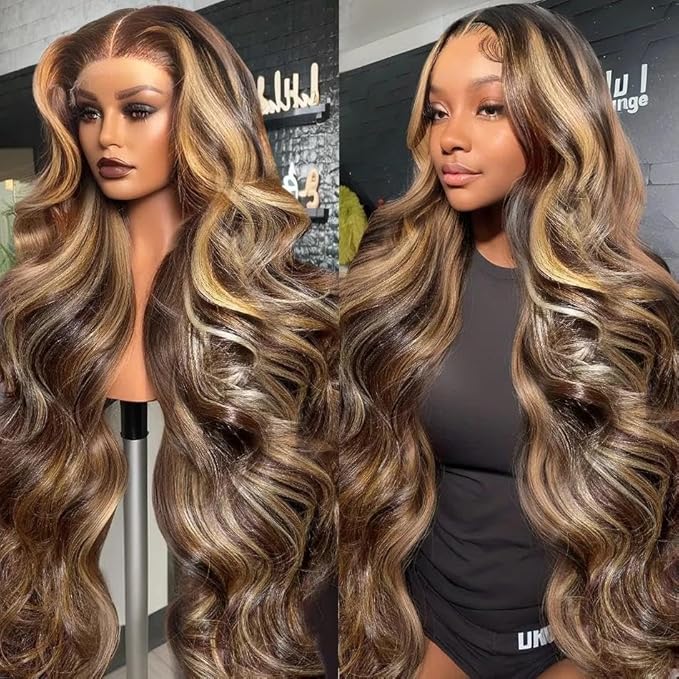 AMIRTY 250 Density Highlight Ombre Lace Front Wig Human Hair Honey Blonde Body Wave 360 HD Lace Front Wigs Human Hair Pre Plucked Brown 4/27 Colored Lace Frontal Glueless Wigs for Women 22 Inch