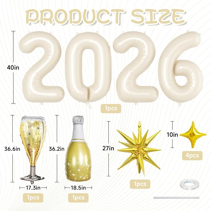 Cream White 2026 Balloons, 40 Inch Number 2026 Nude White Foil Balloons Gold - Image 2