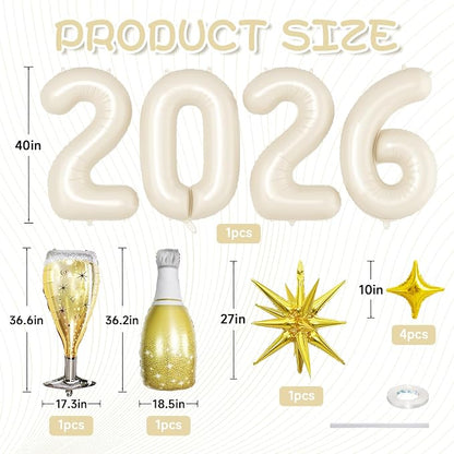 Cream White 2026 Balloons, 40 Inch Number 2026 Nude White Foil Balloons Gold - Image 2