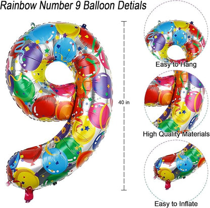 Rainbow Number 9 Balloon, 40 Inch Large Foil Helium Number Balloons 0-9 - Image 4