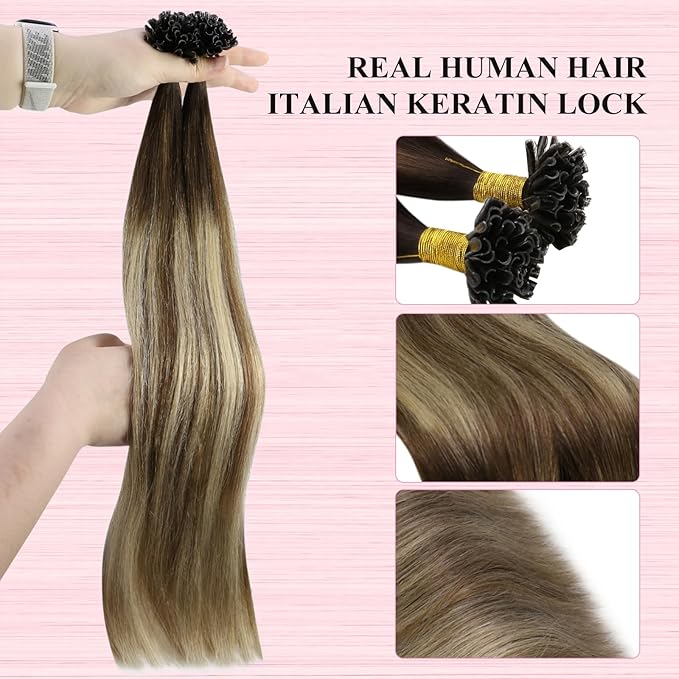 YoungSee Utip Hair Extensions Balayage U Tip Hair Extensions Remy Human Hair Brown Balayage Blonde Straight 18In 50s/50g