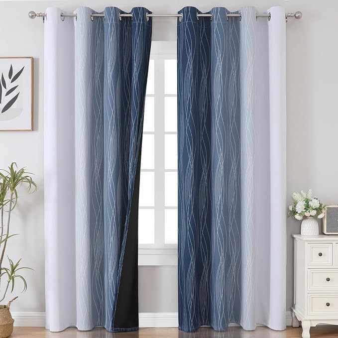 Navy Blue and Greyish White Blackout Curtains 108 Inches Long, Thermal - Image 2