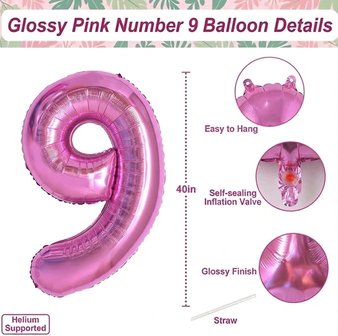 Pink Number 9 Balloon 40 Inch, Sleek Glossy Numeral Party Supplies | Radiant - Image 4