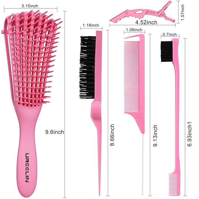 Detangler Brush Set for 3a,4c,Wig/Thick/Wavy/Curly/Wet Slick Back Hair Brushes,Rat Tail Combs,8-Row,Edge Brush,For braiding,teasing,parting,styling,kids,girls,women(Pink)