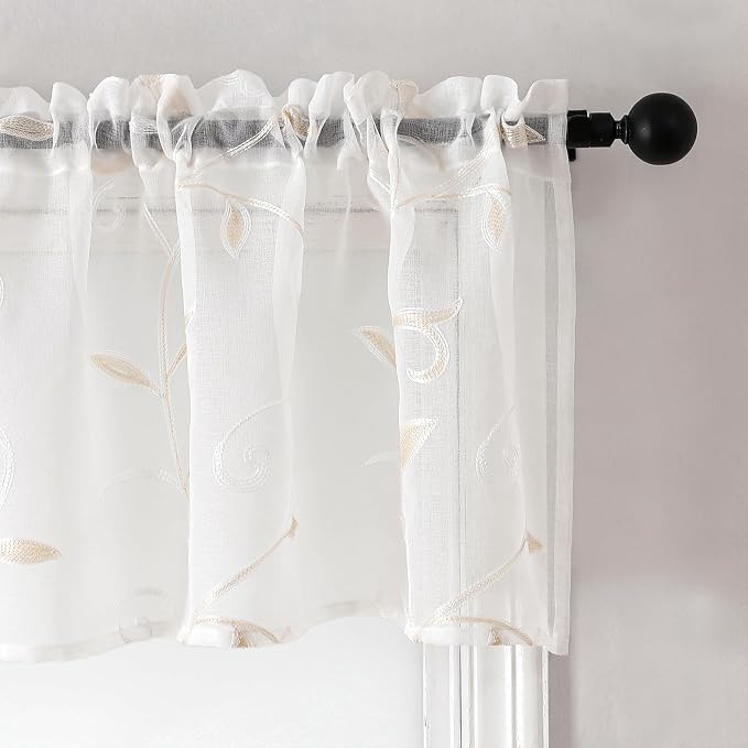 Kitchen Sheer Cafe Curtains Embroidered Leaves Beige 54Wx16L | Light Filtering - Image 2
