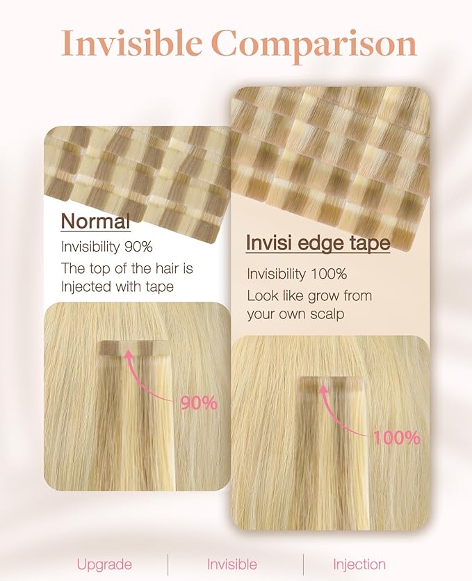 GOO GOO Invisi Edge Tape in Hair Extensions Human Hair, 16/22 Light Blonde Highlighted Golden Blonde 20pcs 16inch 50g, Virgin Remy Hair, Seamless Injected Tape, Natural Look