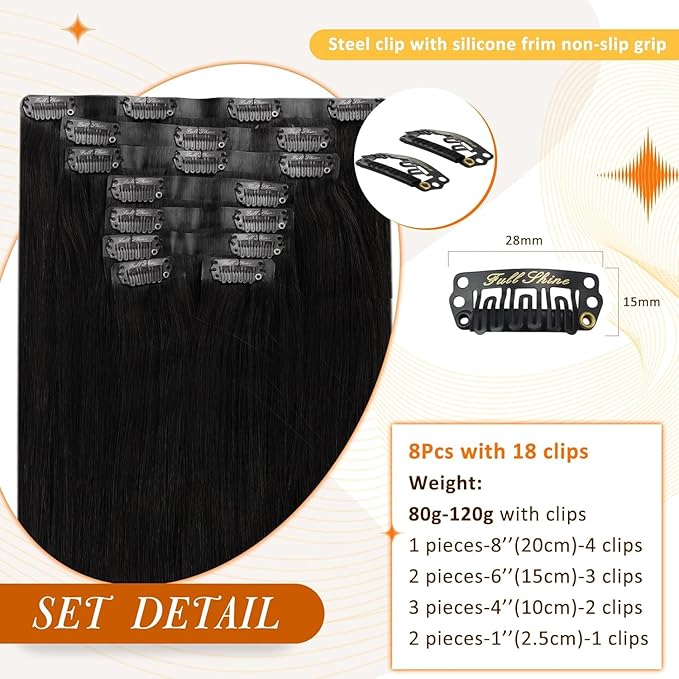 Full Shine 24 Inch Black Hair Extensions Clip in Human Hair Natural Black Invisible Clip ins Hair Extension Real Human Hair PU Weft for Long Hair 8 PCS 120 G