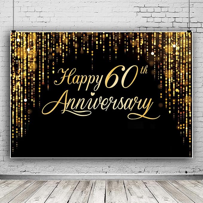 Happy 60th Annverisary Background Decorations Black Gold Backdrop Banner by IIILUYOT
