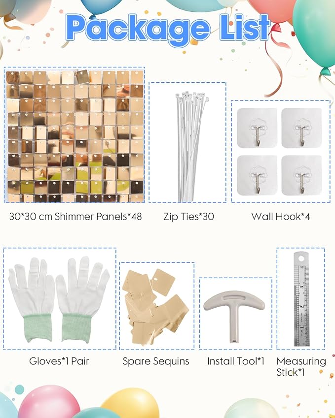 Light Gold Shimmer Wall Backdrop 48 Panels Cover 8 x 6 Ft, Photo Backdrops - Image 2