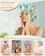 Large Shower Caps for Women Reusable Waterproof Satin Lined Shower Cap with Adjustable Band Double Layer Design Luxury Washable Bath Hair Bonnet (Pineapple Palm)