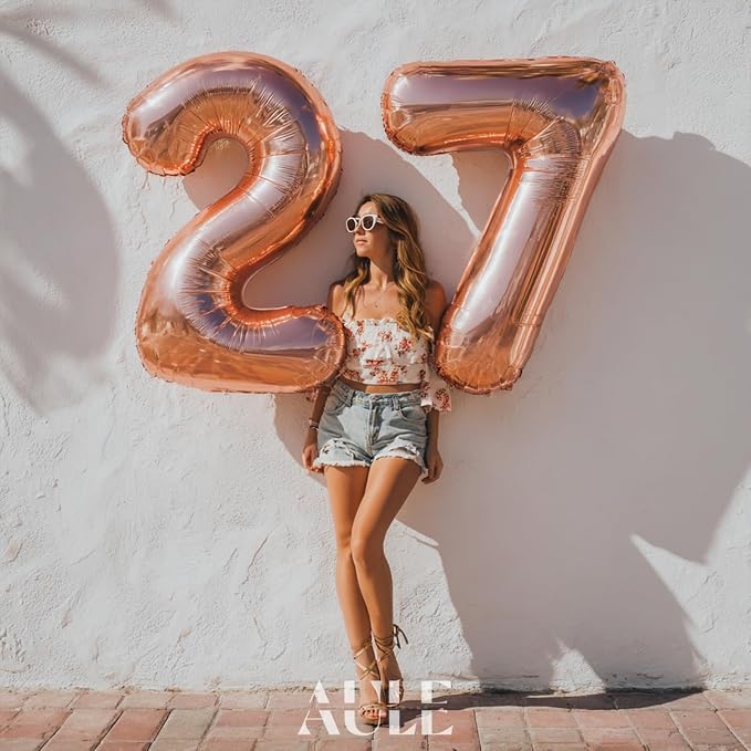 AULE 40 Inch Rose Gold 27 Balloon Number Foil 0-9 Birthday Big Numbers | - Image 2