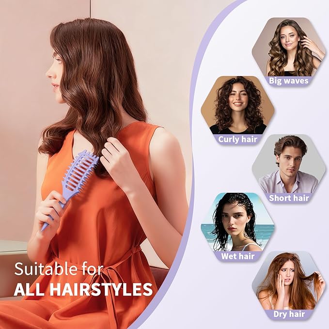 Curl Defining Brush, 4-in-1 Curly Hair Brush – Flexible Styling Brushes for Women and Men, Curls Detangling Hairbrush Featuring a Crescent Shape and Ultra-Smooth Bristles for Wet & Dry Hair - Purple