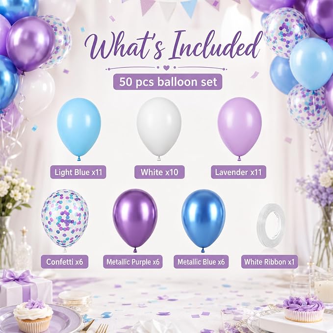 Blue and Purple Balloons Set, Metallic Purple White Latex Ballons Confetti - Image 3
