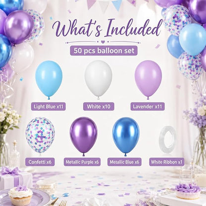 Blue and Purple Balloons Set, Metallic Purple White Latex Ballons Confetti - Image 3