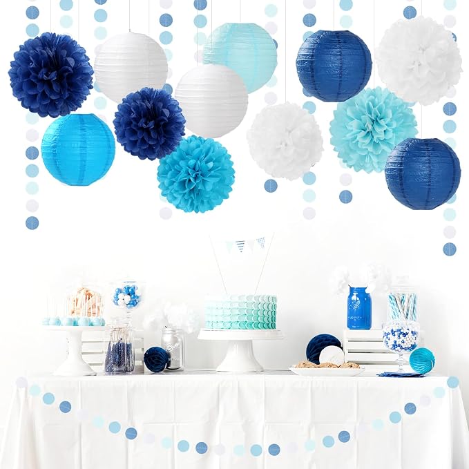 Blue-White Birthday Party-Decorations Paper-Flowers Lanterns - Image 2