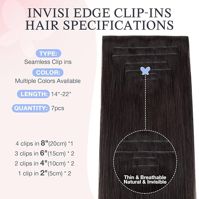 DOORES Hair Extensions Real Human Clip in 20 inch 120g 7pcs Invisi Edge, Seamless Clip in Hair Extensions Invisible Clipins Virgin Injected Skin Weft, 2 Dark Brown