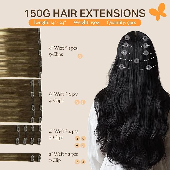 DOORES Clip in Human Hair Extensions - Balayage Walnut Brown to Ash Brown and Bleach Blonde, 150g 9pcs 16 Inch, Real Thick Straight Natural Hair