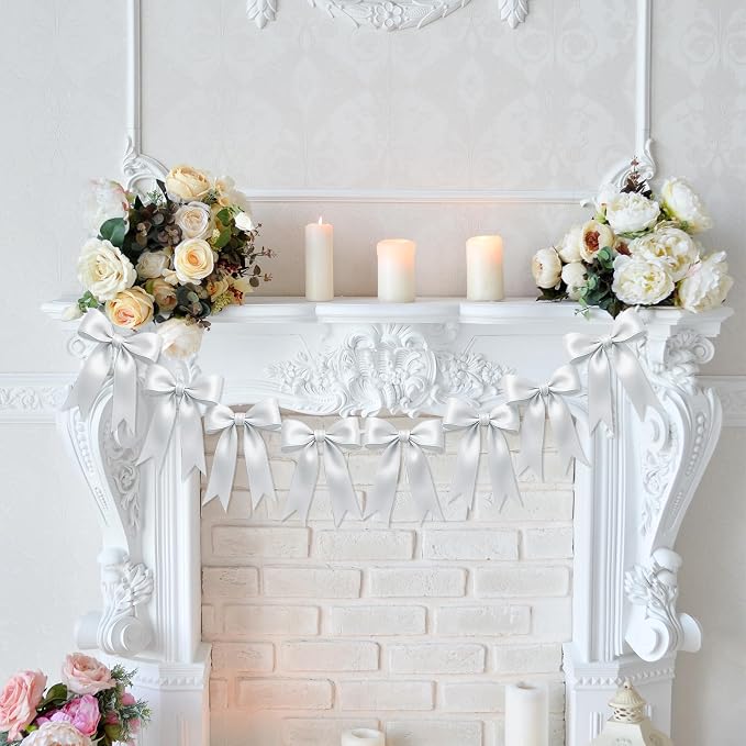 2 Strings of 16PCS White Bow Garlands Banner Decoration, Pre-Strung Satin - Image 5