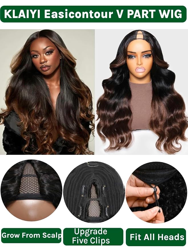 KLAIYI Ombre Brown V Part Wig Body Wave Human Hair Upgrade U Part Wig with Dark Roots Glueless Chestnut Brown Clip in Half Wig No Glue No Leave Out Beginner Wigs for Women Wear and Go Wig 150% 22Inch