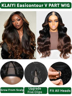 KLAIYI Ombre Brown V Part Wig Body Wave Human Hair Upgrade U Part Wig with Dark Roots Glueless Chestnut Brown Clip in Half Wig No Glue No Leave Out Beginner Wigs for Women Wear and Go Wig 150% 16Inch