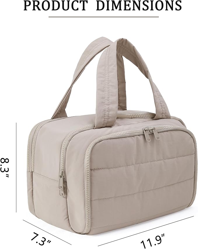 Travel Toiletry Bag for Women, Large Wide-open Puffy Cosmetic Makeup Bag with Wet-Dry Separation, Multi-Pocket Organizer with Carry Handle for Toiletries, Cosmetics, Essentials, Camel