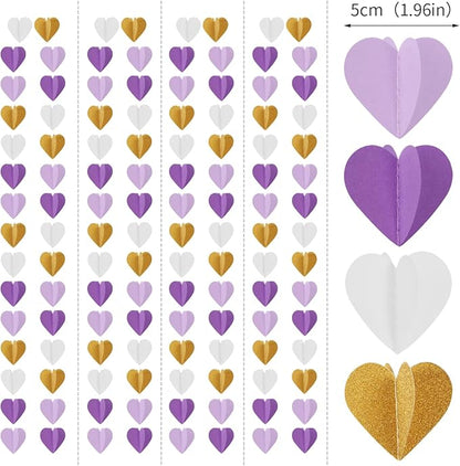 Purple-Gold Party-Decorations 3D Heart Garland - 39Ft White Purple Lavender - Image 2