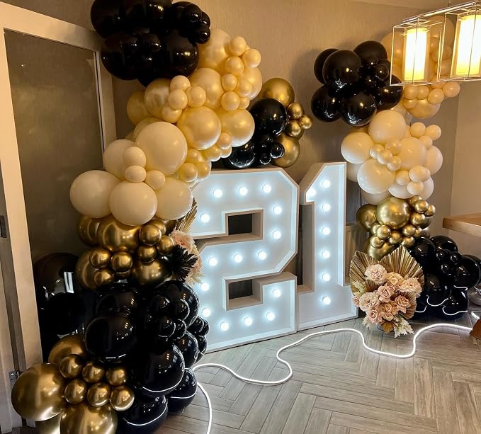 Black Gold White Balloon Arch Kit, Double Stuffed Pearl Sand White Black Chrome - Image 5