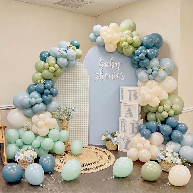 Boho Blue Green balloons, 12 Inch Sage Green Dusty Blue and Sand White Latex - Image 5