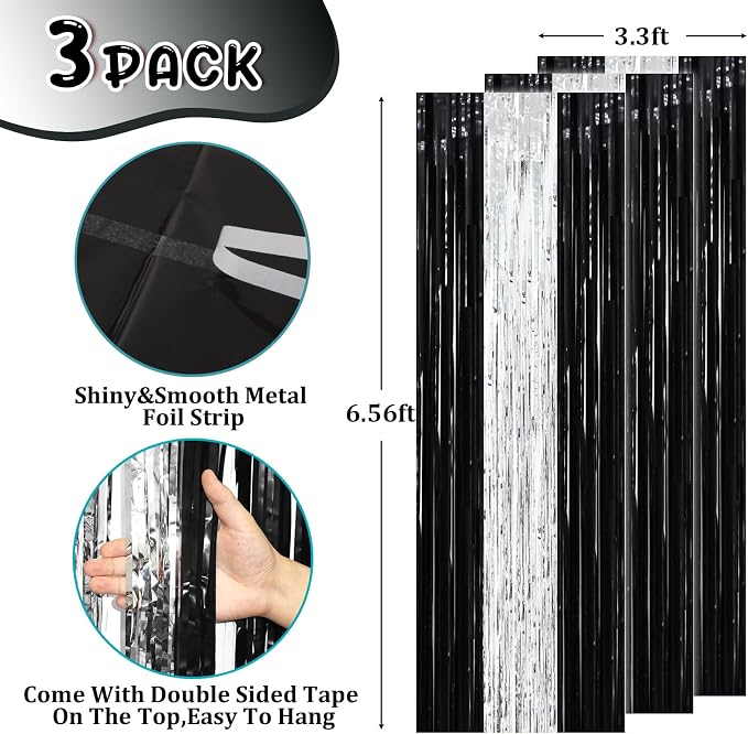 Voircoloria Black Silver Foil Fringe Backdrop Curtains, 3 Pack | Tinsel - Image 2