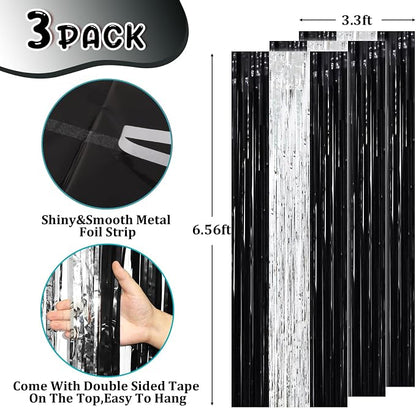 Voircoloria Black Silver Foil Fringe Backdrop Curtains, 3 Pack | Tinsel - Image 2