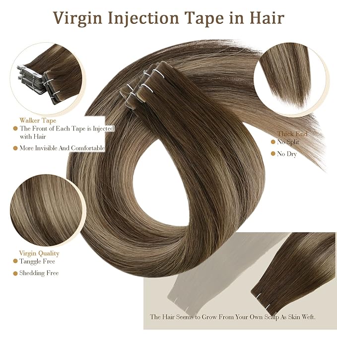 Full Shine Virgin Injection Tape in Hair Extensions Color 4 Brown Fading to 27 Blonde And 4 Injected Tape in Hair Extensins Machine Remy Seamless Tape in Extensions 18 Inch 12.5 Gram 5Pcs