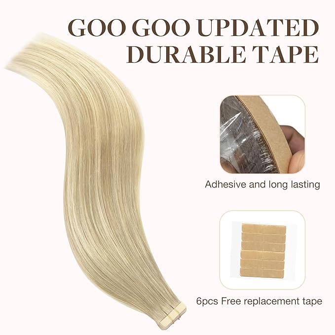 GOO GOO Tape in Hair Extensions Human Hair, 18ET90A Natural Blonde Balayage, 22inch 100g 40pcs, Skin Weft Seamless Invisible, Silky Straight with Thick Ends, Remy Human Hair