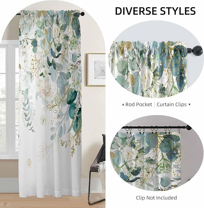Gold Green Curtains 84 Inches Long Sage Green Leaves Light Filtering Curtain - Image 5