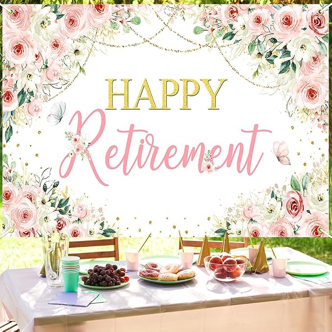 Mocsicka Happy Retirement Backdrop Pink Floral Women Retirement Banner Party - Image 6