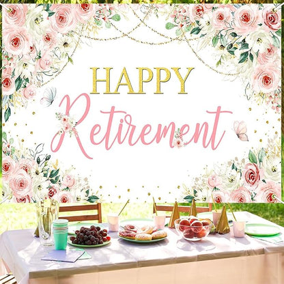 Mocsicka Happy Retirement Backdrop Pink Floral Women Retirement Banner Party - Image 6