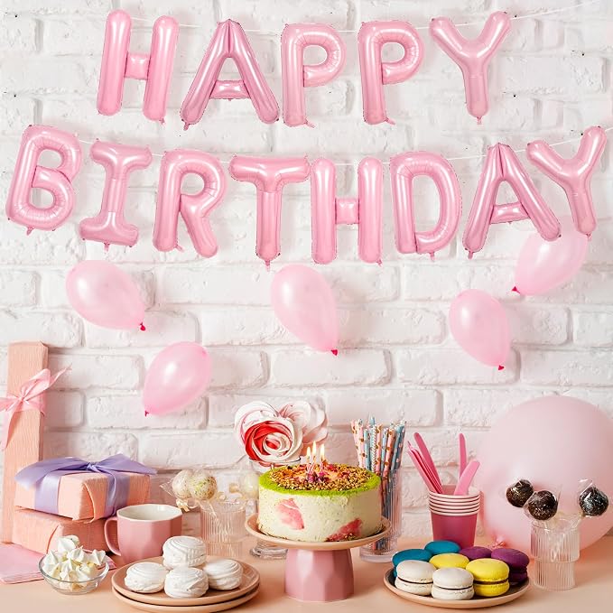 Happy Birthday Balloons Banner Pink, 16Inch Polyester Film Light Pink Foil - Image 6