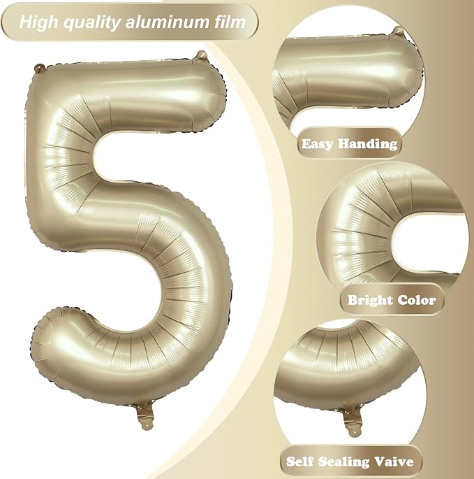 Metallic Gold 5 Balloons, 40 Inch Giant Light Gold Mylar Foil Number 0-9 Helium - Image 9